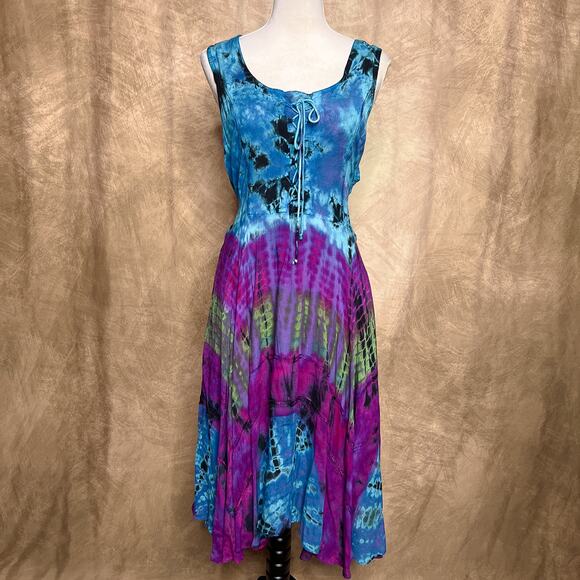 Advance Apparels Multicolor Tie Die Lace Up Midi Peasant Dress Handkerchief Hem - Picture 1 of 10